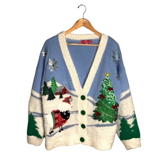 33 Degrees Sweater Cardigan Christmas Large Sheep Sequins Tree Cabin Poinsettia - Picture 9 of 9